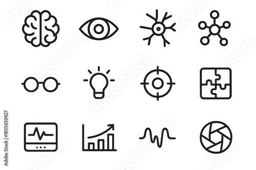 Vision and Cognition Icons. Vision and cognition. Line icon set of vision and cognition: brain, eye, neuron, mind map, glasses, light bulb, focus icon, puzzle