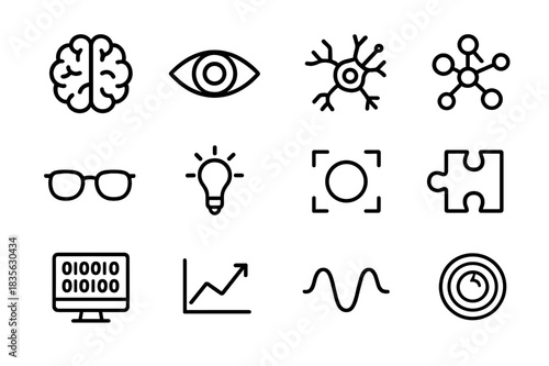 Vision and Cognition Icons. Vision and cognition. Line icon set of vision and cognition: brain, eye, neuron, mind map, glasses, light bulb, focus icon, puzzle