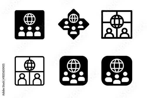 Virtual Meeting Logos. Virtual meetings with global team members. Icon set. Set Logo of virtual meeting: video conference grid. harmonious logo variations of