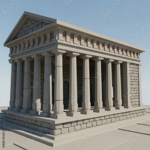 Stylized Ancient Greek Temple 3D Render: Classical Architectural with Geometric Elements under Blue Sky