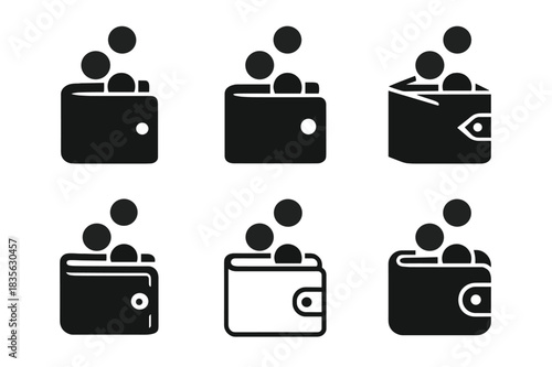 Wallet Logos Showcase. Financial independence. Icon set. Set Logo of financial independence: open wallet with coins. harmonious logo variations of the same