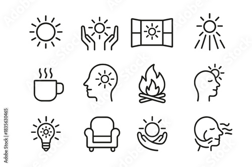 Warmth and Light Icons. Warmth and light. Line icon set of warmth and light: sun glow, hands to sun, open window light, sunbeams, cozy warmth, sun on face,