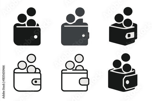 Wallet Logos Showcase. Financial independence. Icon set. Set Logo of financial independence: open wallet with coins. harmonious logo variations of the same