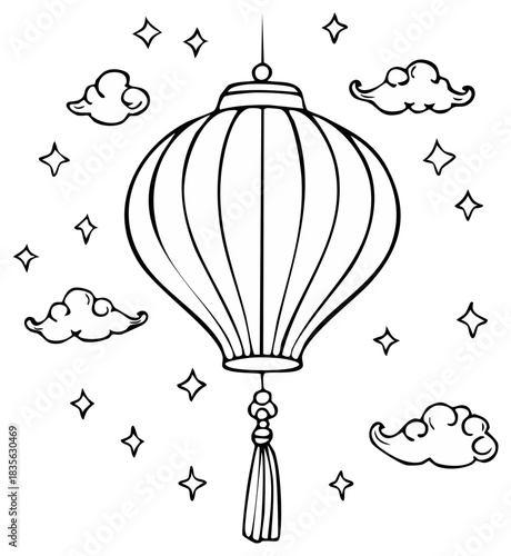 Contour illustration of a Chinese lantern, clouds and stars; Asia culture decorative design