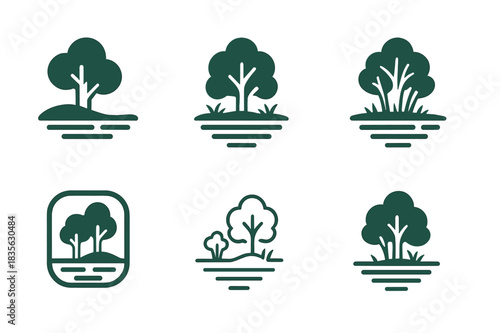 Waterfront Habitat Logos. Waterfront habitats and marshlands. Icon set. Set Logo of waterfront habitats and marshlands: swamp with trees. harmonious logo