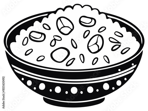 Graphic depiction of rice and beans served in decorated bowl, black and white line art style, simple illustration