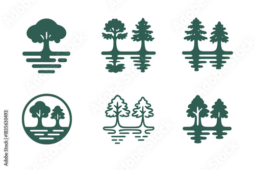 Waterfront Habitat Logos. Waterfront habitats and marshlands. Icon set. Set Logo of waterfront habitats and marshlands: swamp with trees. harmonious logo