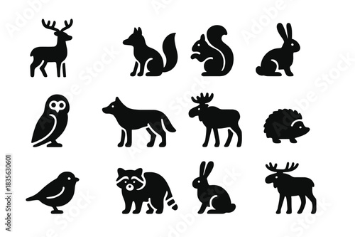 Winter Forest Icons. Forest winter animals. Solid icon set of Forest winter animals: deer, fox, squirrel, rabbit, owl, wolf, moose, hedgehog, bird, raccoon,