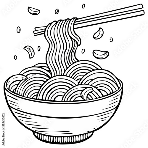 Hand drawn black and white illustration of chopsticks picking up ramen noodles from a bowl with garlic