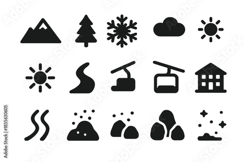 Winter Icons. Winter scenery. Solid icon set of Winter scenery: mountain, pine tree, snowflake, cloud, sun, ski slope, chairlift, resort building, snow trail,