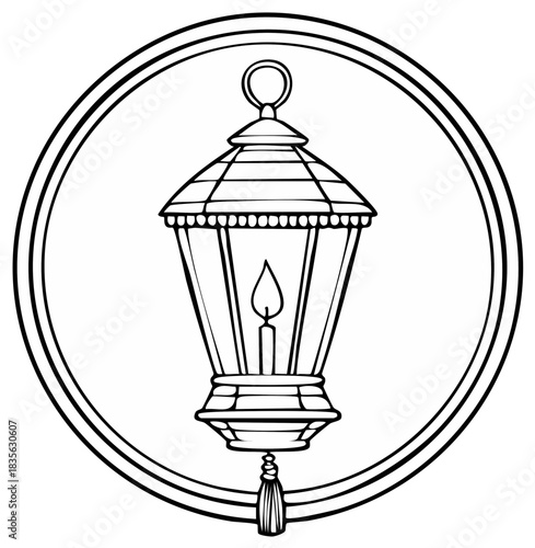 Vintage lantern illustration with candle inside enclosed by a circular frame