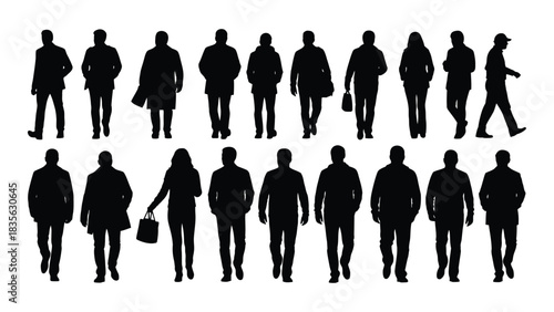 Diverse walking people silhouettes isolated on white background, Vector