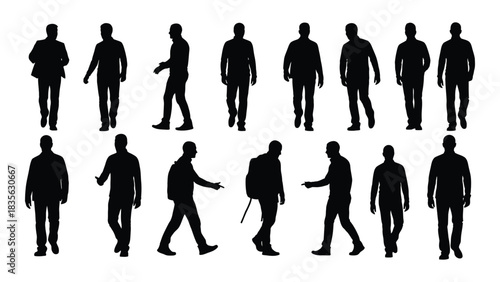 Diverse male silhouettes in various poses isolated on white background, Vector