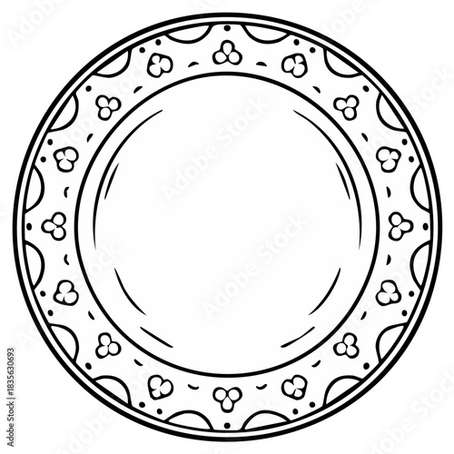 Elegant Round Plate Outline with Ornate Border Pattern Vector Illustration
