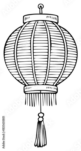 Detailed line drawing of vintage hanging paper lantern with tassel illustration