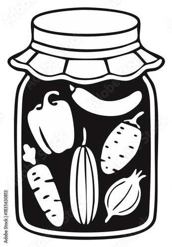 Preserved Vegetables in a Glass Jar with Lid and Band Black and White Illustration