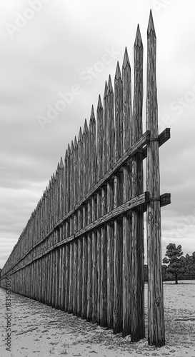 Stylized Wooden Palisade Wall with Sharp Stakes in Black and White
