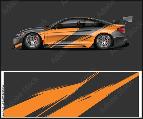 Modern car wrap design with orange and gray graphics for vehicle customization