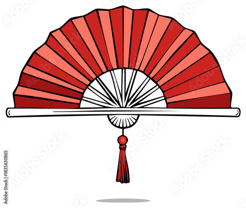 Traditional Asian red folding hand fan with a tassel in a bold vector illustration style