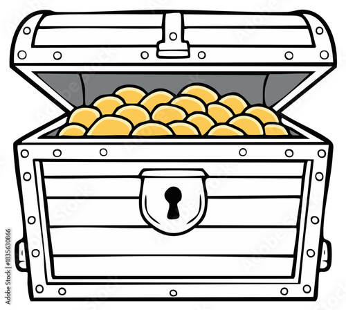 Open wooden treasure chest filled with shiny gold coins illustration symbolizing wealth and success