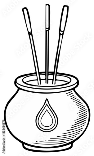 Outline drawing of an incense burner pot with three aroma sticks for relaxation and meditation