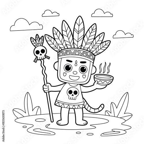 Cute tribal character holding steaming bowl and a skull staff art