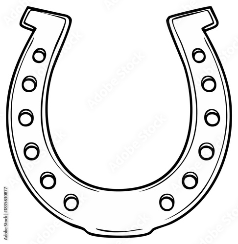 A classic black and white outline of a horseshoe with nail holes symbolizing luck and equestrianism