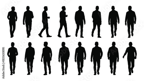 Male silhouettes walking and standing isolated on white background, Vector
