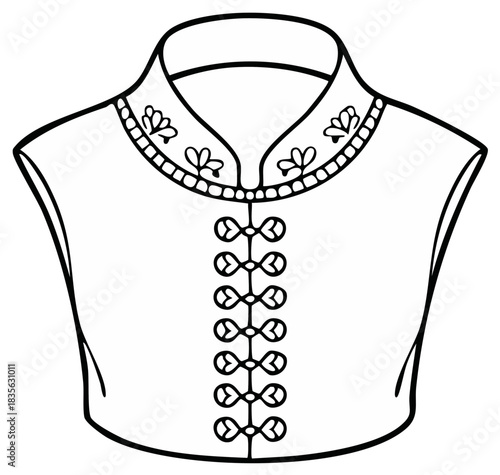 Stylized embroidered garment illustration. Traditional top with unique button design in black outline.