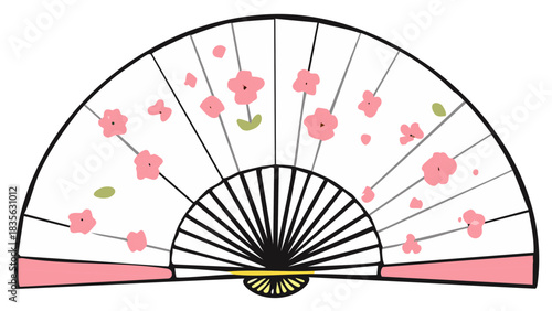 Open fan decorated with pink flowers and green leaves, traditional Japanese accessory