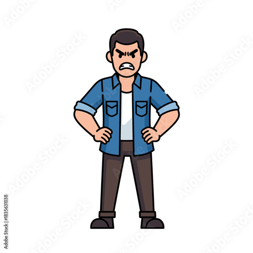 Angry man with hands on hips expressing frustration and annoyance.