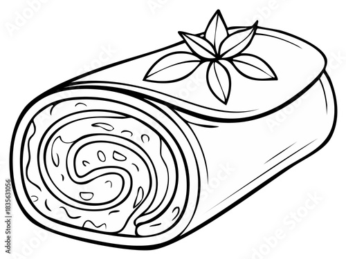 Elegant outline of Swiss Roll cake garnished with flower decoration. Delicious cake or dessert for food or pastry designs.