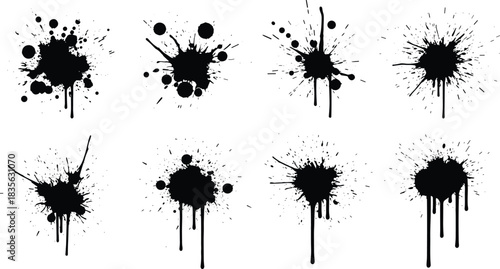 Set of black ink splatter textures with drips and spray effects, grunge paint splash elements for design, backgrounds, artistic decoration and abstract graphics