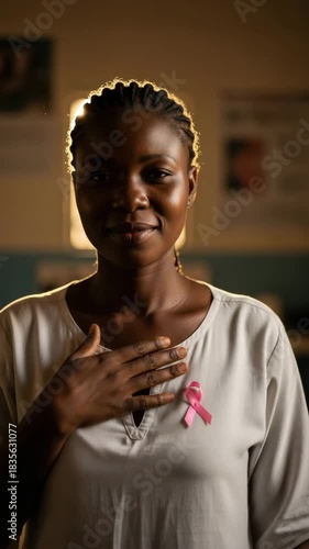 A woman stands with a pink ribbon on her shirt and places her hand on her chest in a health center