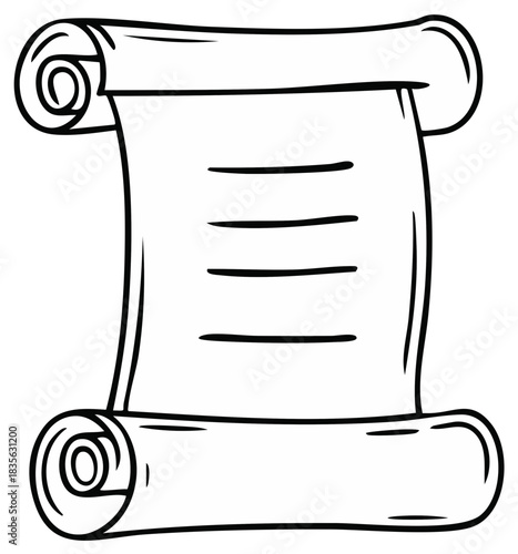 Cartoon drawing of an ancient scroll with lines for text, in black and white, suitable for education, concept