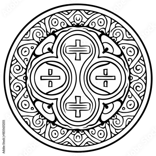 Circular Celtic knotwork mandala with ancient spiritual symbols. Black and white line art for coloring.