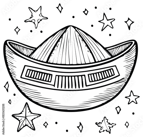 Hand drawn illustration of a Chinese gold ingot surrounded by stars and dots