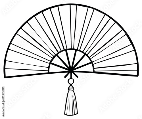 Classic Japanese style hand fan with decorative tassel minimalist line drawing