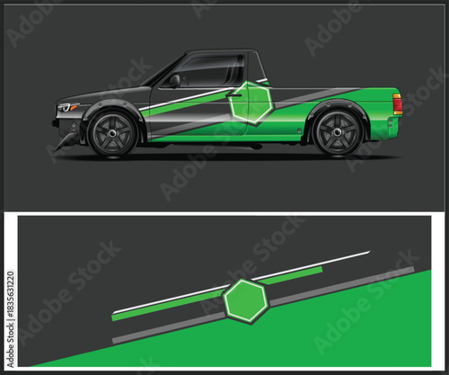 Green and black truck wrap design with geometric shapes and lines