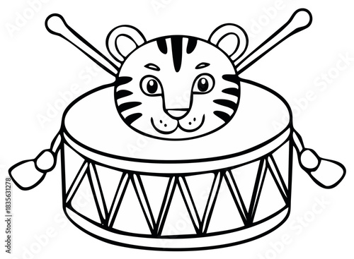 Cute tiger with drum and sticks illustration for coloring book or printables.