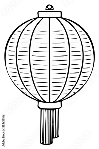 Traditional Chinese Paper Lantern with Tassels Line Art Illustration