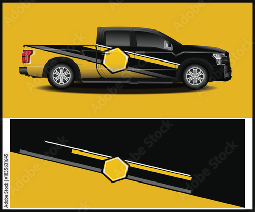 Modern vehicle wrap design for pickup truck with geometric shapes and stripes