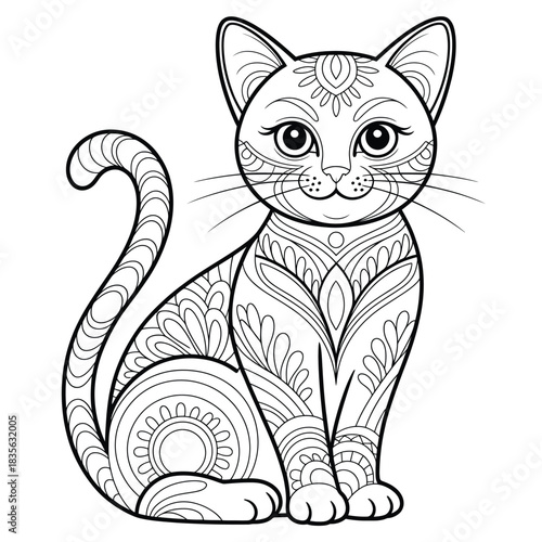 Detailed Black and White Cat Illustration with Intricate Patterns Line Art