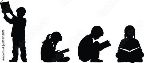 Silhouette of children reading books while sitting and standing, educational learning concept for school, literacy, childhood development, studying, imagination and knowledge.