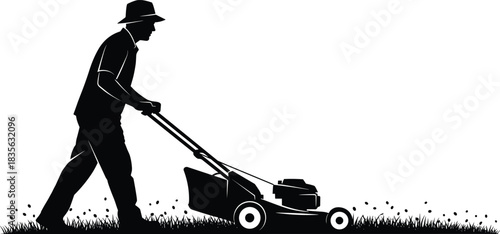 Silhouette of man mowing lawn with push mower, outdoor gardening activity, grass cutting, yard maintenance scene, landscaping work, summer garden care