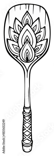 Stylized floral line drawing of decorated paddle; handcrafted wooden paddle, home decor, wall art illustration.