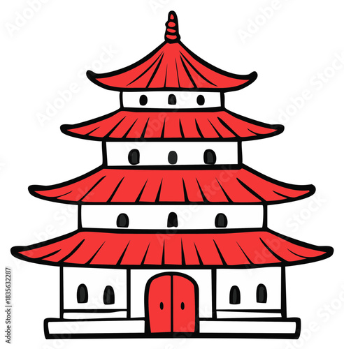 Illustration of Red Pagoda, Multi-Tiered Asian Architectural Structure, Temple Building