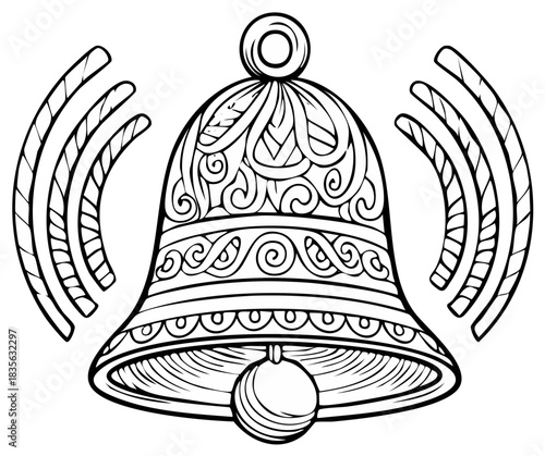 Decorative hand-drawn ringing bell with ornate swirls and details, coloring page