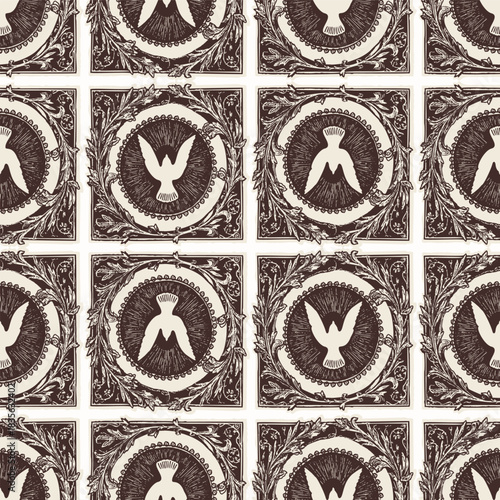  Christian holy dove hand drawn seamless vector pattern. Religious home decor background for sunday school bible study motif. Christianity faith motif.