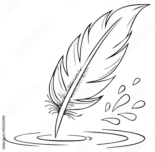 Feather Quill Plunging into Ink, Splash of Drops in Black and White Line Art